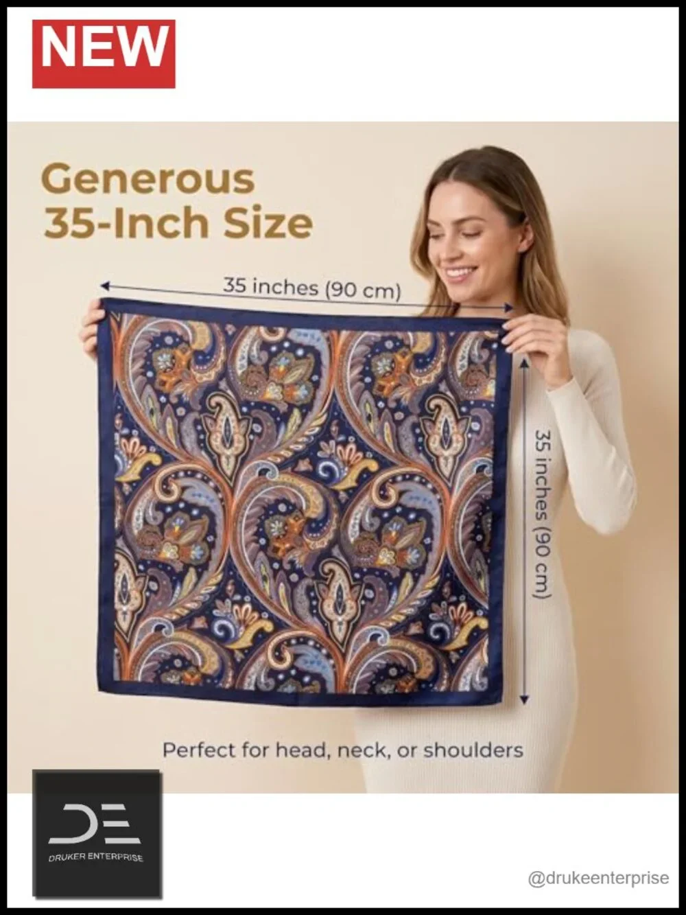 Large Paisley Silky Satin Square Head Scarf, Lightweight Soft Breathable